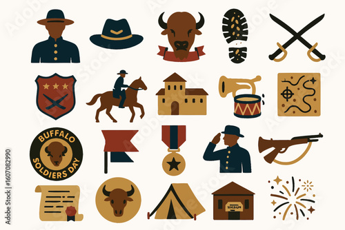 Buffalo Soldiers Icon Set with Military Symbols and Historical Emblems