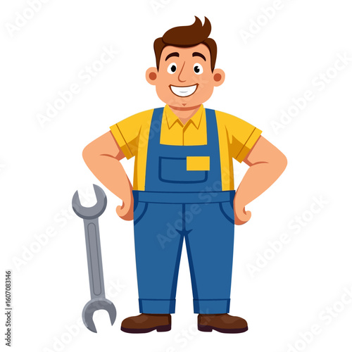 Smiling cartoon plumber with a wrench and plunger