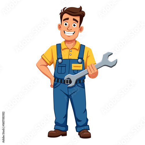 Funny cartoon worker, a smiling repairman or plumber with a wrench, wearing a blue helmet, perfect for illustrating a construction or industrial occupation