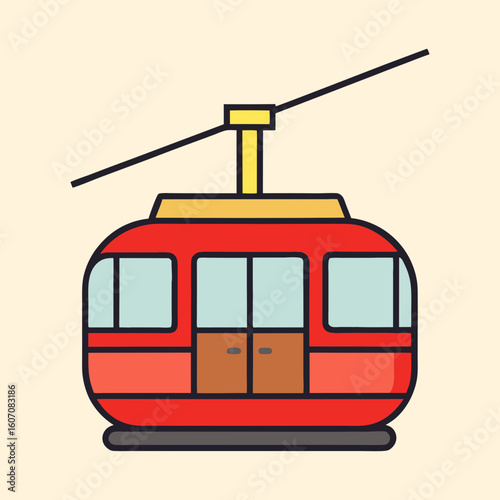 A simplified and colorful illustration of a red cable car floating in place