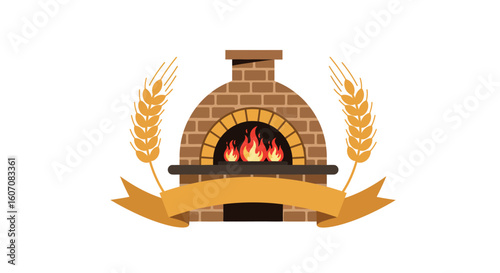 Brick oven bakery emblem with wheat ears and ribbon decoration