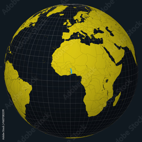 Togolese Republic on Globe. Country view on the world map in Charcoal Bright Yellow color palette. Togo shape on map. Globe with meridians, parallels, countries, rivers and lakes.