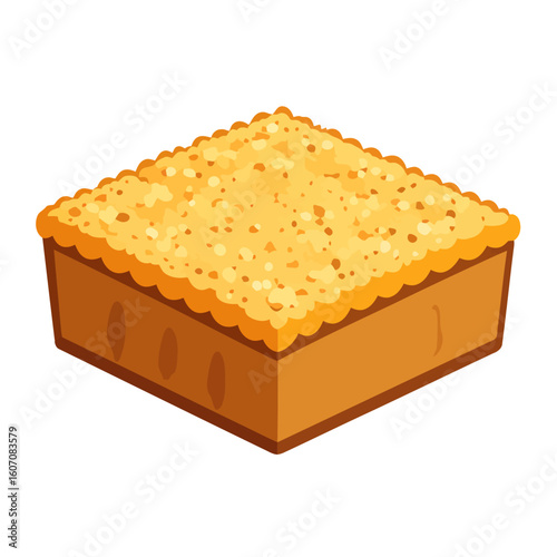 Golden brown square crumble cake with a textured streusel topping illustration.
