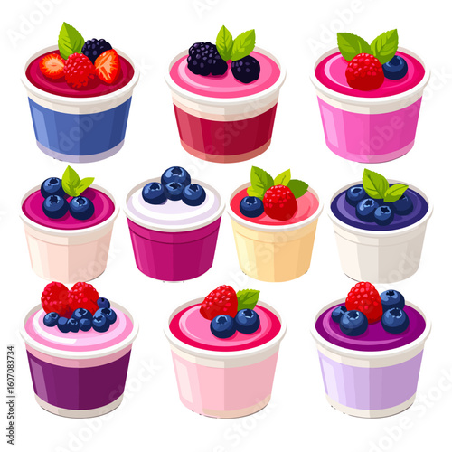 Colorful assortment of fruit yogurt cups topped with fresh berries and mint leaves.