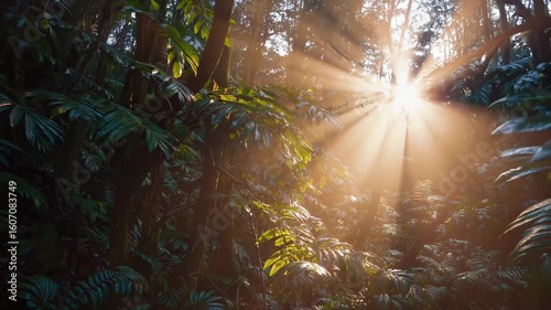 Wallpaper Mural Sun rays break through dense forest morning. Sun rays hit green leaves and damp soil. Scene shows calm feeling as sun rays fill jungle. Concept eco mindfulness. Torontodigital.ca
