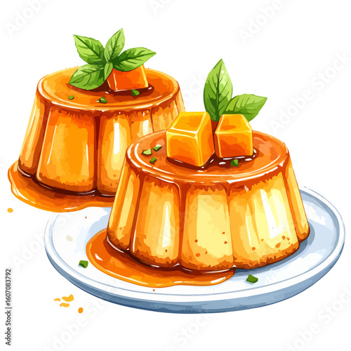 Two creamy caramel flan puddings with glossy sauce, garnished with mint leaves and fruit cubes.