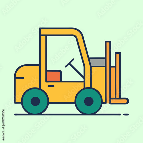 Stylized vector illustration of a yellow and teal forklift on light green
