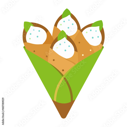 Stylized bouquet of four sweet crepes with cream filling, sprinkles, and a leaf garnish, held in a green cone.