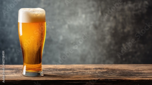 Foamy tall glass of golden beer on wooden table with dark background, perfect for bar promotions, beverage branding, Oktoberfest themes, and pub advertising designs