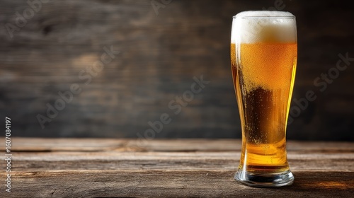 Tall glass of golden beer with foamy head on rustic wooden surface, great for brewery branding, pub advertisements, Oktoberfest visuals, and beverage packaging design