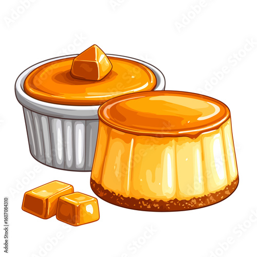 A delicious caramel flan with a crumb base and a pudding in a ramekin, topped with glossy sauce and candy.