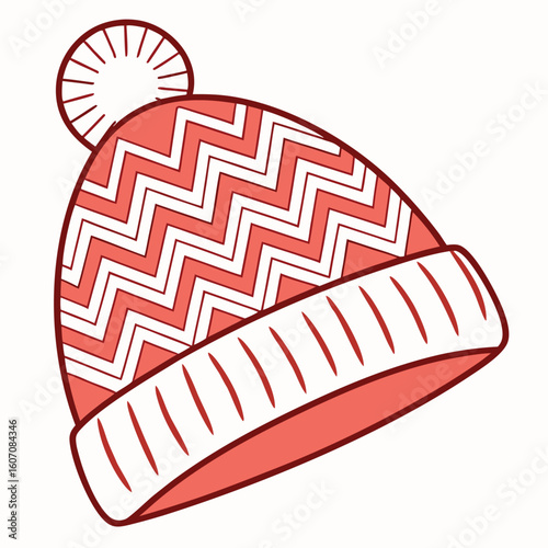 Santa Hat Made of Knitted Wool with Red and White Zigzag Pattern Flat Cozy Winter Vector Illustration
