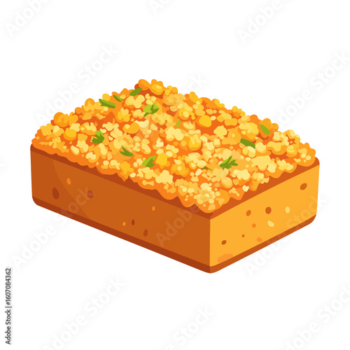 Golden baked cornbread casserole with a crumbly topping and fresh green herb garnish.