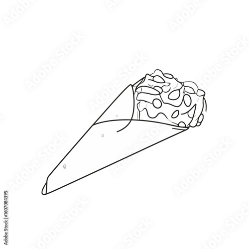 A minimalist line art illustration of a delicious shawarma or gyros cone wrap filled with ingredients.