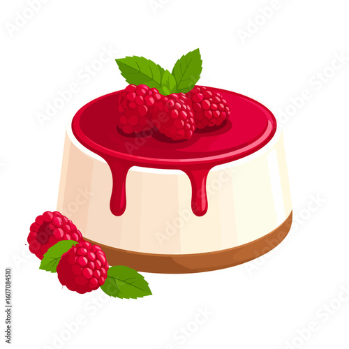 Creamy individual cheesecake with dripping raspberry sauce, fresh berries, and mint garnish.