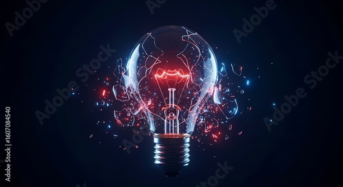 A conceptual 3D render of a shattered light bulb bursting with red and blue neon particles, representing innovation, ideas, and futuristic energy.