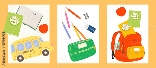 Collection of 3 Vector Back to School Posters – School Bus, Homework Notepad, Books, Pencil Case, and Stationery
