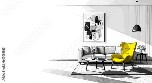 Expressive sketch illustration of modern living room with cozy yellow chair and minimalist décor highlighting art piece on wall.