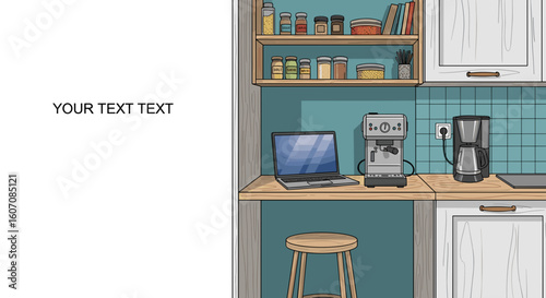 Home office sketch illustration in cozy kitchen with laptop, coffee machine, and stool for workspace setup. Home office design includes thoughtful shelving for storage and personal touches.
