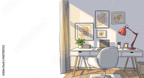 Cozy home office sketch with inviting desk and stylish lamp, bright natural light streaming through window, art prints adorning walls.