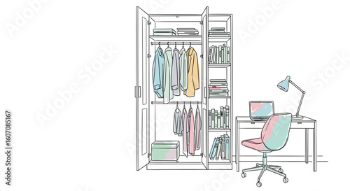 Expressive sketch illustration of home office setup with organized wardrobe and stylish desk featuring laptop and lamp.