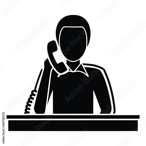 Solid Black Silhouette of Office Worker Answering Landline Phone Sitting Pose Flat Vector on White Background