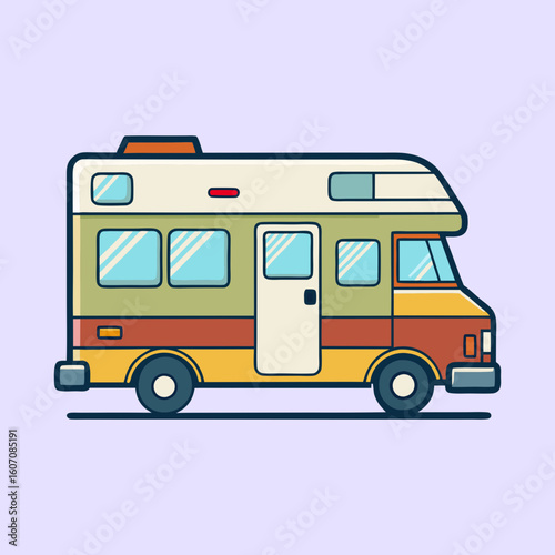 Illustration of a recreational vehicle with multiple windows and retro color scheme