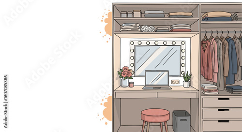 Expressive home office sketch illustration featuring stylish desk with computer, mirror, and organized shelves. Home office design includes flowers, cozy stool,