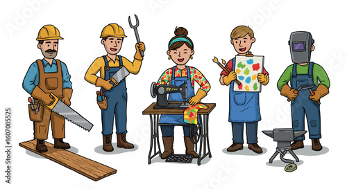 Diverse professions teamwork in cartoon style: builders, designer, artist, and welder
