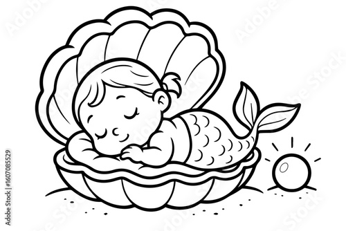 Sleeping Baby Mermaid in a Clamshell Cradle Isolated Vector Coloring Page