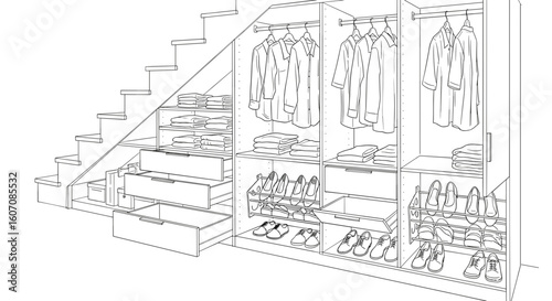 Custom closets design illustration with organized shelves, hanging clothes, and ample storage under stairs. Custom closets feature neatly arranged garments and shoe racks,
