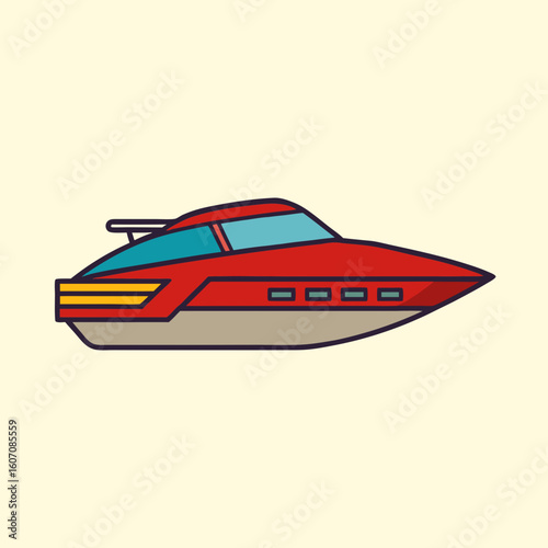 Illustration of a modern red and blue motorboat against a light background