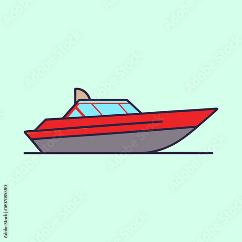 Cartoon drawing of a red and grey motorboat on the water