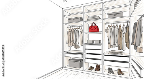 Expressive sketch illustration of custom closet design featuring organized clothing and accessories. Dressing room with open concept closet