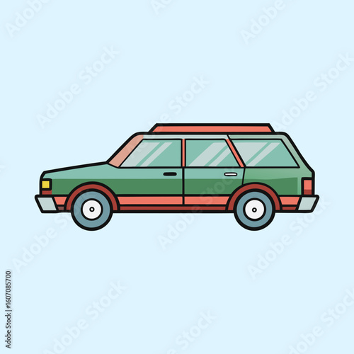 Side view of a retro station wagon with light blue background