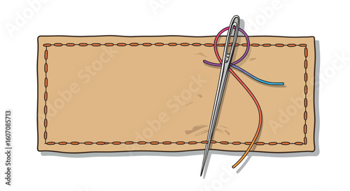 Sewing needle and threads on brown fabric with stitched border