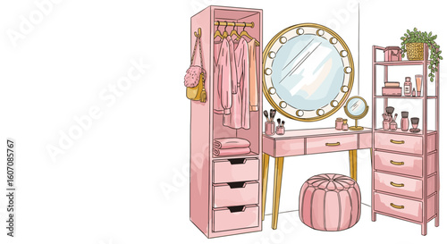 Organizing a closet for a teenage girl. Expressive sketch illustration of custom closet design featuring pink storage, stylish vanity, and circular mirror.