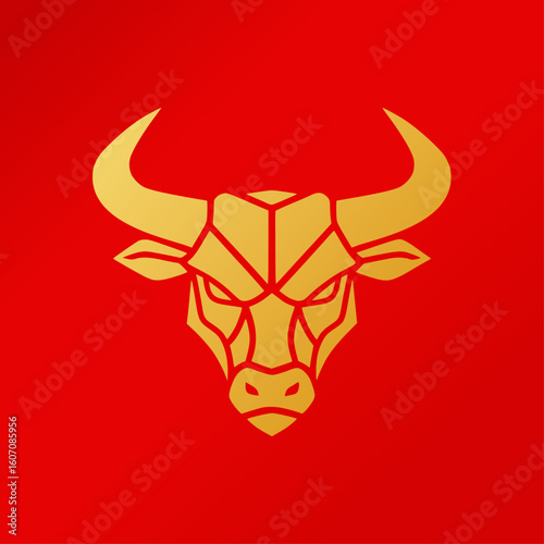 Golden Geometric Bull Head on Red Background