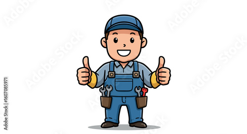 Cheerful cartoon repairman giving thumbs up in blue overalls