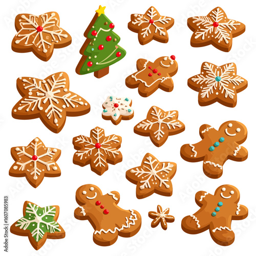 Assortment of decorated Christmas gingerbread cookies, including men, stars, and a tree, with colorful icing.