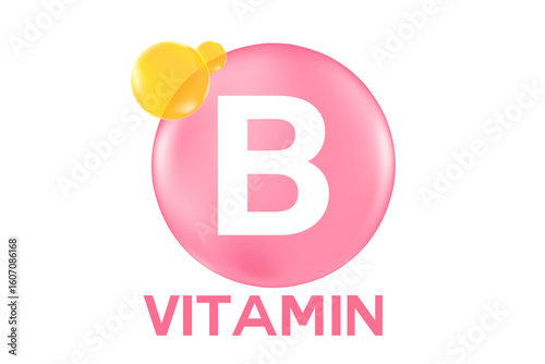 Vitamin B glowing 3D pink molecule element or bubble isolated, transparent background, fluid flowing bubble fizz, beauty supplement, nutrition products banner, presentation, infographic design