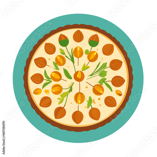 Illustrated gourmet tart decorated with almonds and golden berries in a radial pattern.
