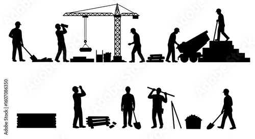 Construction workers silhouette set with tools and equipment in black