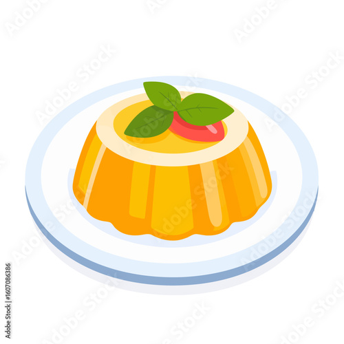 Yellow pudding dessert with a creamy topping, garnished with a red fruit slice and fresh mint leaves on a white plate.
