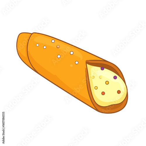 Cartoon illustration of a golden cannoli with a creamy ricotta filling and colorful candied fruit pieces.