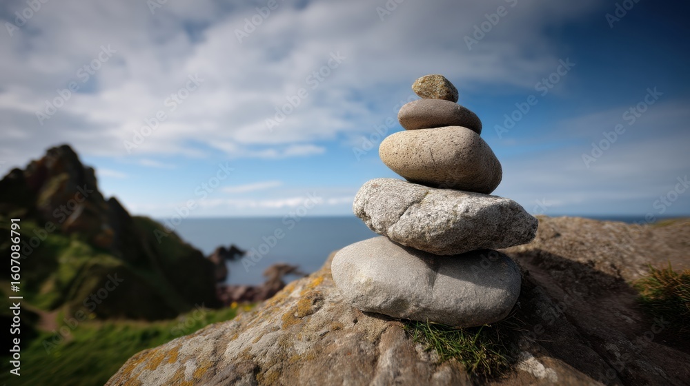 Fototapeta premium Serene stack of smooth stones balanced on rocky surface, overlooking tranquil sea and lush green hills under partly cloudy sky. This peaceful scene evokes sense of calm and harmony