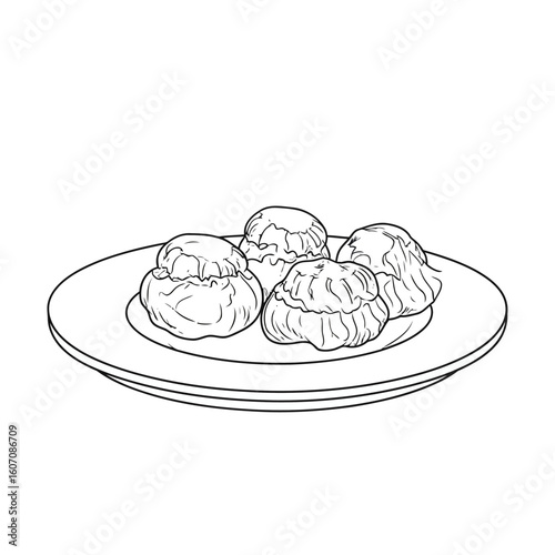 A simple line art illustration of four freshly baked cream puffs or profiteroles on a plate.