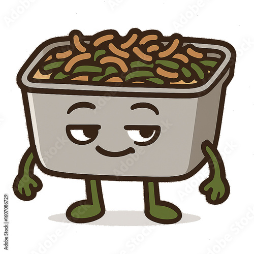 A whimsical cartoon illustration of a rectangular casserole dish filled with a green, leafy food, possibly a green bean casserole
