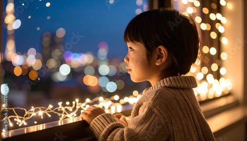 Boy looks out at city lights with Christmas time.