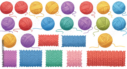 Colorful yarn balls and knitted patterns in vibrant palette